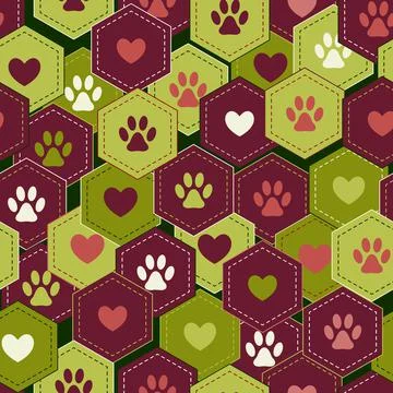Seamless pattern background with hearts and footprints of home pet in hexagon Stock Illustration