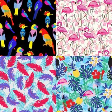 Seamless pattern, background with jungle bird flamingo, parrot, toucan and  f 스톡 일러스트