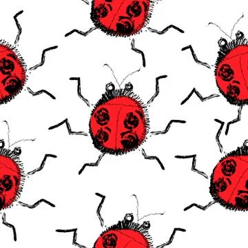 Seamless pattern background of ladybugs in doodle line style Stock Illustration