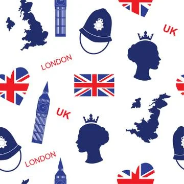 Seamless pattern background with London landmarks and Britain symbols vector Illustrazione stock