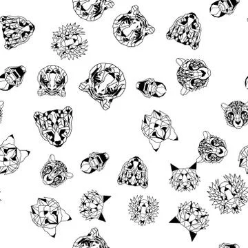 Seamless pattern background of low polygonal wild and domestic cats Stock Illustration