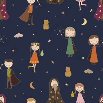 Seamless pattern background magic. The sorcerer child. Illustrazione stock