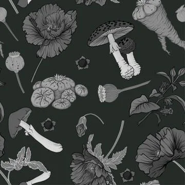 Seamless pattern, background with miraculous, hallucinogenic plants Stock Illustration