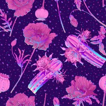 Seamless pattern, background with miraculous, hallucinogenic plants Stock Illustration