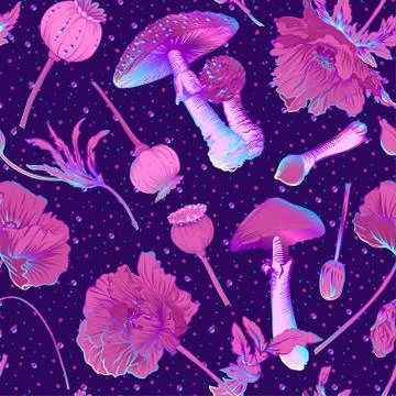 Seamless pattern, background with miraculous, hallucinogenic plants Stock Illustration