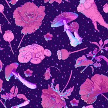 Seamless pattern, background with miraculous, hallucinogenic plants Stock Illustration