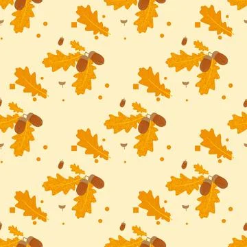 Seamless pattern on the background. Oak branch with leaves and acorns. Vect.. Stock Illustration