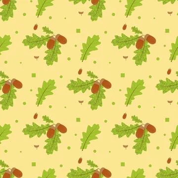 Seamless pattern on the background. Oak branch with leaves and acorns. Vect.. 스톡 일러스트