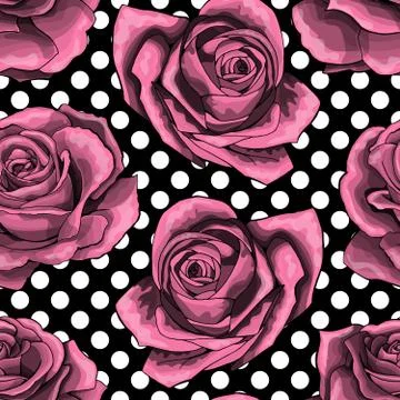 Seamless pattern, background with outlined pink roses, on polka dots background Illustration