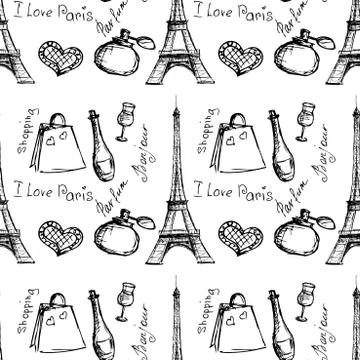 Seamless pattern background with Paris landmarks 스톡 일러스트