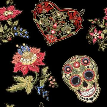 Seamless pattern, background with patch, embroidery imitation. Stock Illustration