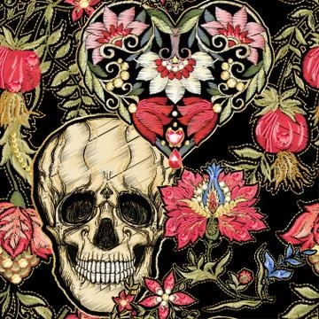 Seamless pattern, background with patch, embroidery imitation. Stock Illustration