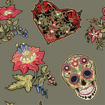 Seamless pattern, background with patch, embroidery imitation. Stock Illustration