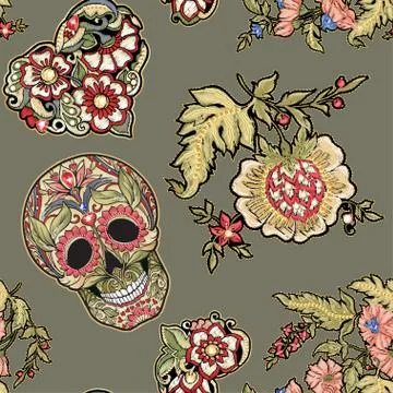 Seamless pattern, background with patch, embroidery imitation. Stock Illustration