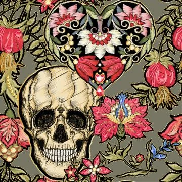 Seamless pattern, background with patch, embroidery imitation. Stock Illustration