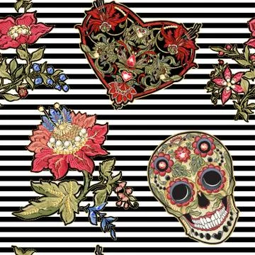 Seamless pattern, background with patch, embroidery imitation. Stock Illustration