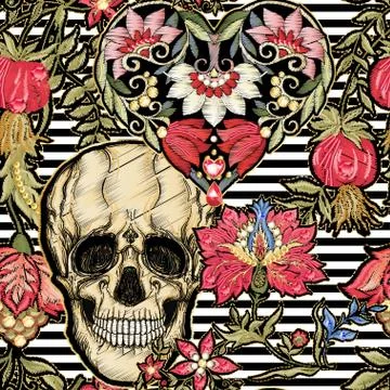 Seamless pattern, background with patch, embroidery imitation. Stock Illustration