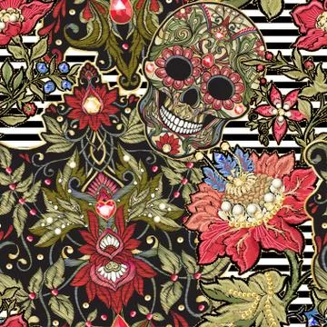 Seamless pattern, background with patch, embroidery imitation. Stock Illustration