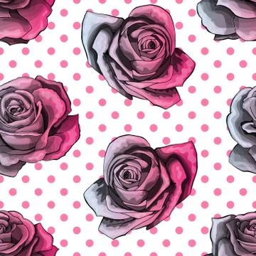 Seamless pattern, background with pink gradient roses, on polka dots background Stock Illustration