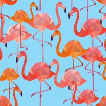 Seamless pattern background with pink polygonal flamingos. Stock Illustration