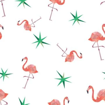 Seamless pattern background with pink polygonal flamingos. Stock Illustration