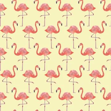 Seamless pattern background with pink polygonal flamingos. Stock Illustration