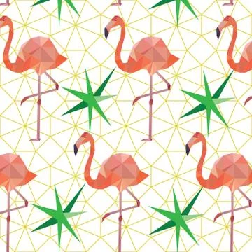 Seamless pattern background with pink polygonal flamingos. Stock Illustration