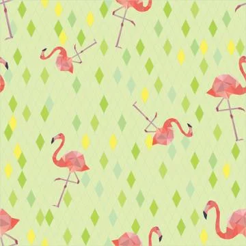 Seamless pattern background with pink polygonal flamingos. Stock Illustration
