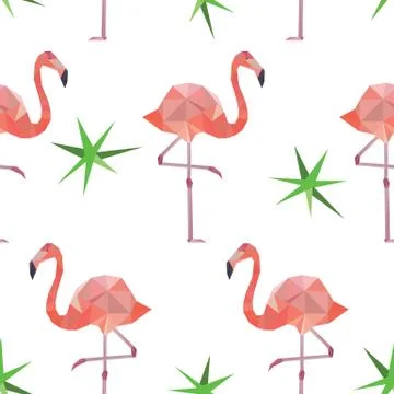 Seamless pattern background with pink polygonal flamingos. Stock Illustration