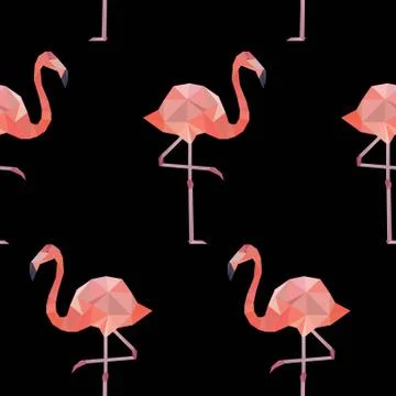 Seamless pattern background with pink polygonal flamingos. Stock Illustration