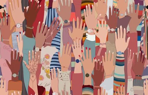 Seamless pattern background with raised hands of women of diverse culture. Stock Illustration