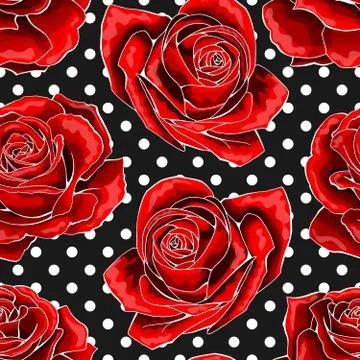 Seamless pattern, background with red outlined roses, on polka dots background 스톡 일러스트