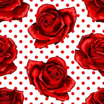 Seamless pattern, background with red roses, isolated on polka dots background 스톡 일러스트