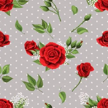 Seamless pattern, background with red roses on stylized polka dots background Illustrazione stock