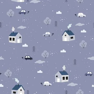 Seamless pattern The background of a rural village during the winter season Stock Illustration