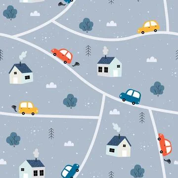 Seamless pattern The background of the rural village with an old car running Stock Illustration