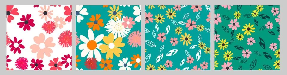 Seamless Pattern Background with Simple Flower Design Elements set. Vector Il イラスト素材