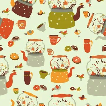 Seamless pattern background with tea related symbols Stock Illustration