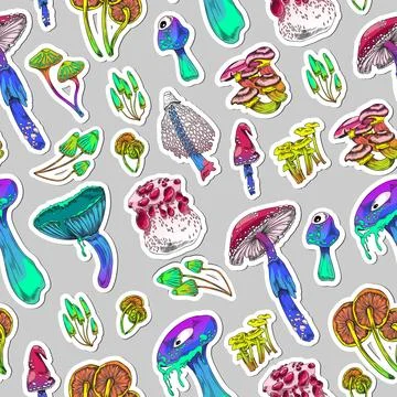 Seamless pattern background with toadstools and mushrooms vector illustration. Stock Illustration