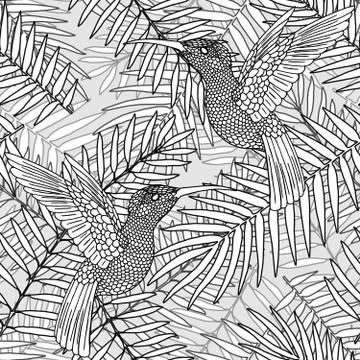Seamless pattern, background with tropical plants palm leaves and colibri birds Иллюстрация