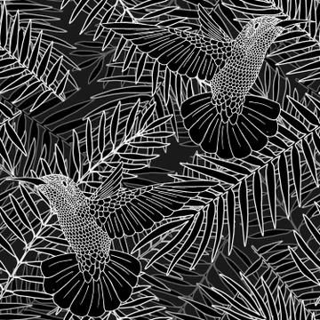 Seamless pattern, background with tropical plants palm leaves and colibri birds Illustration