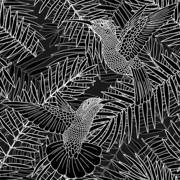 Seamless pattern, background with tropical plants palm leaves and colibri birds Stock Illustration