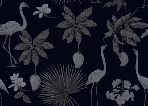 Seamless pattern, background. with tropical plants and flowers with orchid an Stock Illustration