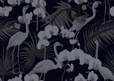 Seamless pattern, background. with tropical plants and flowers with orchid an Stock Illustration