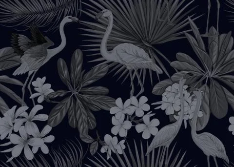 Seamless pattern, background. with tropical plants and flowers with orchid an Stock Illustration