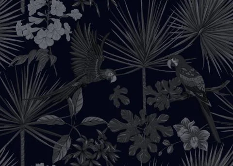 Seamless pattern, background. with tropical plants and flowers with orchid an Stock Illustration