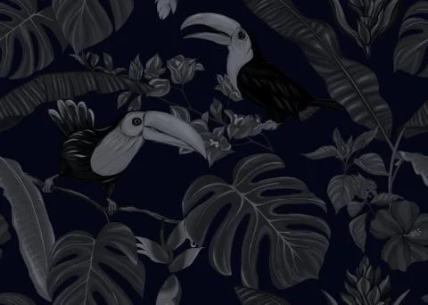 Seamless pattern, background. with tropical plants and flowers with orchid an Stock Illustration