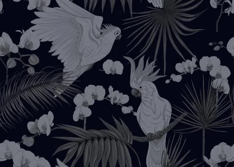 Seamless pattern, background. with tropical plants and flowers with orchid an Stock Illustration
