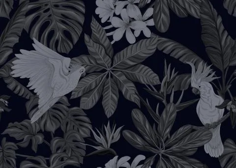 Seamless pattern, background. with tropical plants and flowers with orchid an Illustrazione stock