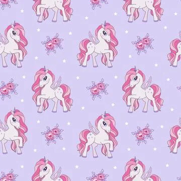 Seamless pattern, background with unicorn and roses. In lilac tones. Vector Stock Illustration